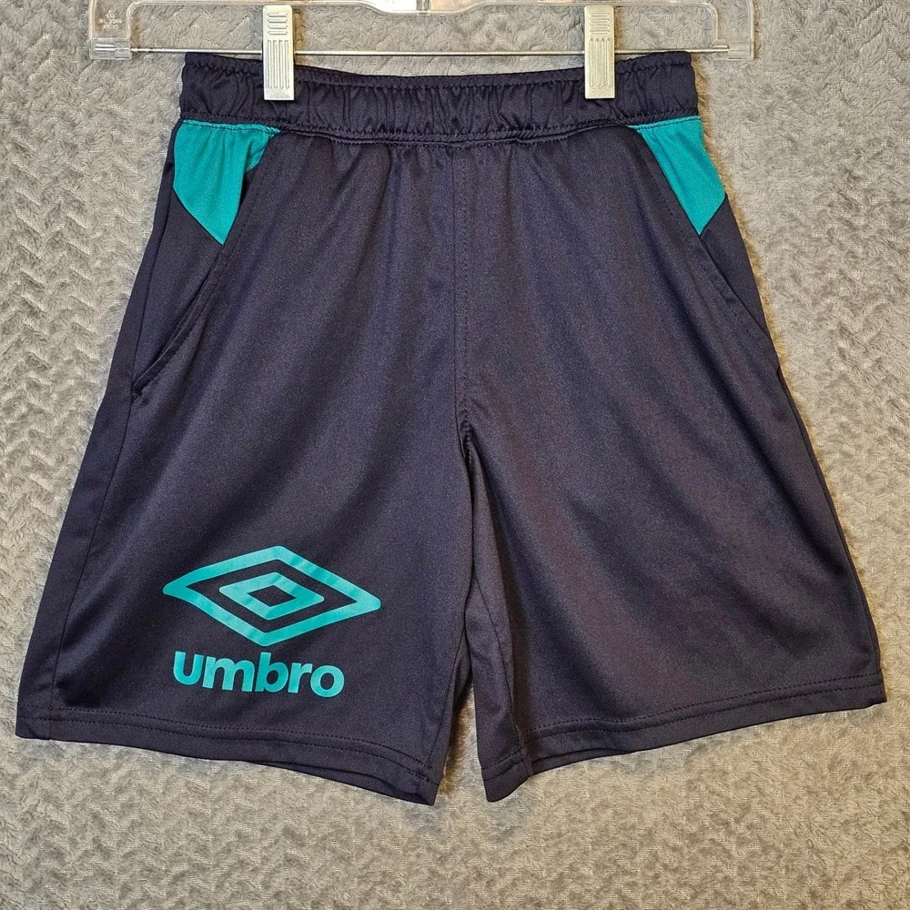 Vintage Umbro Kid Navy Blue Teal Athletic Soccer Shorts Size M 8 Pink Drawstring